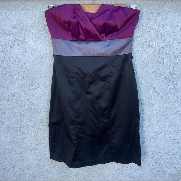2000s Colorblock Strapless Mini Party Dress - XS Black Gray Plum Satin Cocktail - Picture 1 of 11